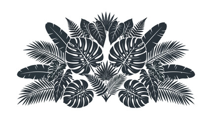Tropical foliage vector illustration, lush jungle leaves, exotic botanical design element. Dark monochrome palm fronds, monstera, and fern arrangement for summer branding, invitations, or decor. © Syed Awais