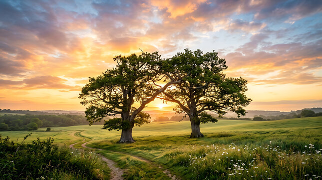 Oak trees stand in a lush green meadow during a golden sunset with a clear horizon.