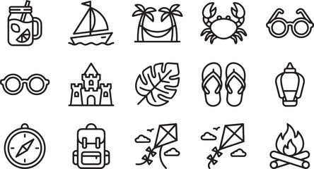 Obraz premium Summer beach icon set, solid black glyph style vectors for tropical vacation, holiday, and ocean travel elements