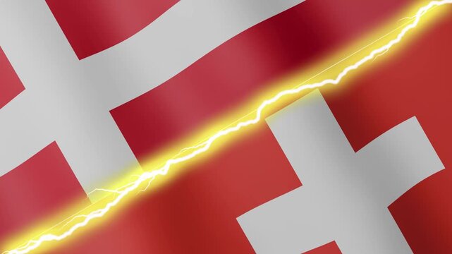 Two waving flags Denmark and Switzerland with diagonal lightning seamless, 4k loop