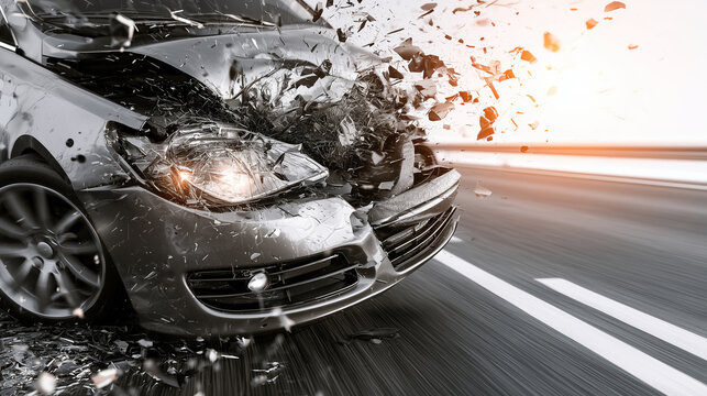Automobile Crash Scene Highlighting Road Safety and Accident Prevention Realistic image of a severe traffic accident with a heavily damaged car front after impact, shattered vehicl
