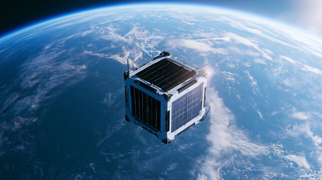 Cube satellite orbiting above Earth with solar panels, realistic space technology scene, small spacecraft for remote sensing and global communication, cinematic blue planet backgro