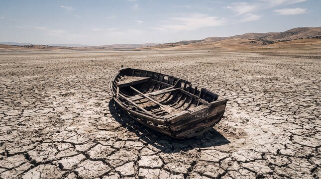 Abandoned Wooden Boat on Cracked Earth Under Bright Sky in Arid Environment