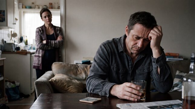 Emotional struggle between a man and woman in a domestic setting with tension and uncertainty in the atmosphere