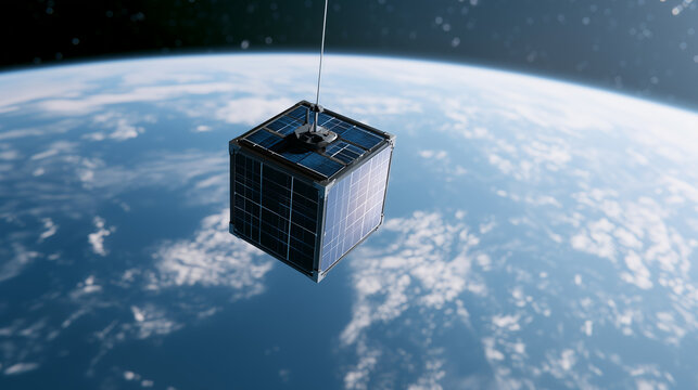 Cube satellite orbiting above Earth with solar panels, realistic space technology scene, small spacecraft for remote sensing and global communication, cinematic blue planet backgro