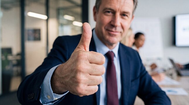 Business Professional Smiling and Giving Thumbs Up Gesture in Modern Office Environment