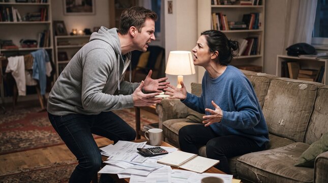Heated Argument Between Couple in Cozy Living Room Surrounded by Papers and Emotional Tension