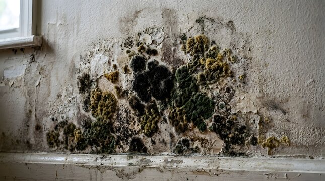 Mold growth on damp wall surface.