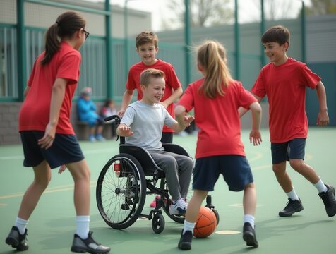 Elementary school students playing basketball with disabled classmate in wheelchair