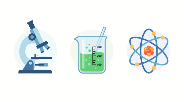 Illustration of science equipment and symbols in a laboratory setting with microscope, beaker, and atom model.