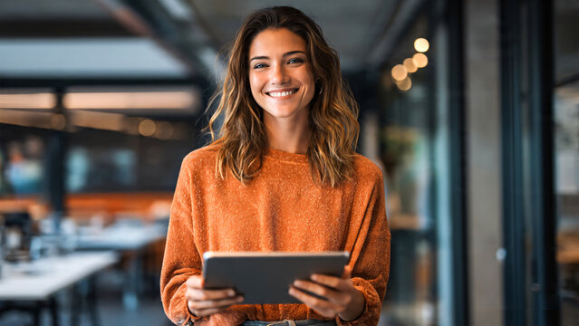 Young woman in casual wear smiling while standing in a modern coworking space, working or browsing on a digital tablet, contemporary technology concept