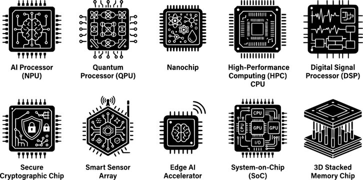 Collection of advanced computer processor and microchip icons featuring black glyph silhouettes of ai npu quantum qpu nanochip hpc cpu dsp secure cryptographic smart sensor edge ai soc and 3d stacked 