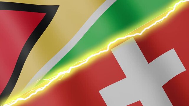 Two waving flags Guyana and Switzerland with diagonal lightning seamless, 4k loop
