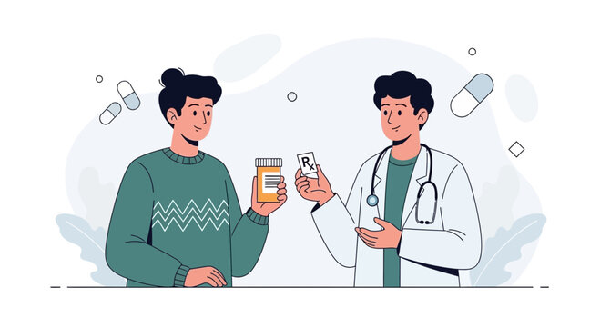 Doctor gives prescription and medication bottle to patient, illustrating healthcare and medical consultation