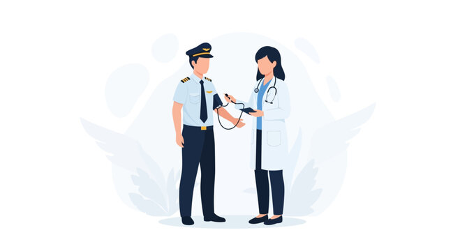 Doctor measuring pilot's blood pressure, aviation medical check, health and safety concept