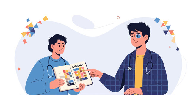 Doctor performing Ishihara color blindness test on patient, modern illustration style with medical concept.
