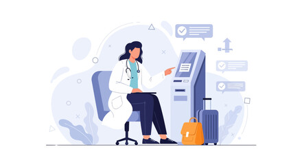 Fototapeta premium Doctor uses self-service kiosk for medical check-in or appointment scheduling, with luggage nearby, symbolizing travel or remote healthcare.
