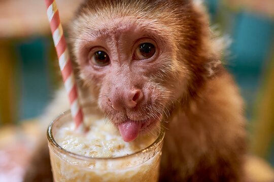 A playful monkey licking a frothy drink through a colorful straw, creating a delightful and whimsical moment.