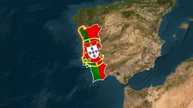 Portugal map animated with flag overlay rotating over earth motion video