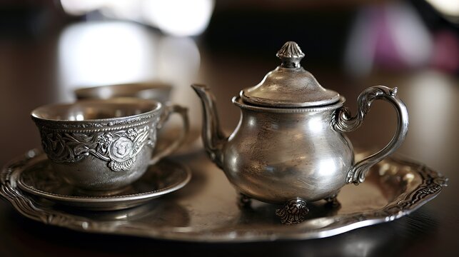 Exquisite dusty silver tea sets on empty dining table with approaching thunderstorm, soft window light, shallow depth