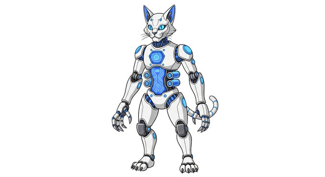 Full body illustration of a futuristic robotic cat