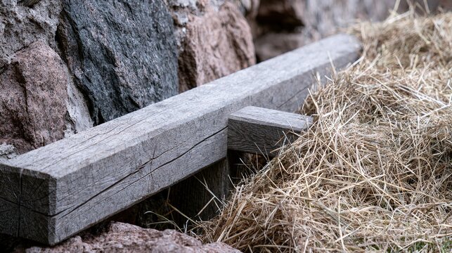 Discarded wooden pillory in hay corner by stone wall, soft light rendering texture and age, shallow depth creating quiet historic scene