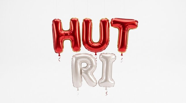Shiny red and white metallic foil balloons forming the text hut ri isolated against a clean plain white studio background