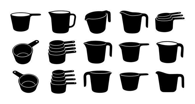 Measuring Cup Silhouette Icon Set Collection of Kitchen Cooking Tools and Baking Utensil Vector Graphics