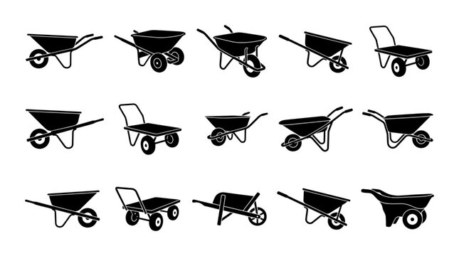 Wheelbarrow Silhouette Icon Collection Set Featuring Various Gardening Cart Designs and Industrial Construction Equipment Poses
