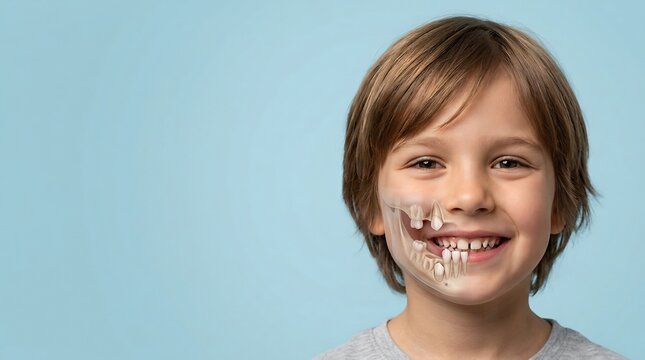 Cheerful young child smiling with a conceptual anatomical cross section showing jawbone and teeth structure on a blue background