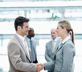 Fototapeta premium Corporate, happy and business people with handshake in office for agreement, merger and b2b deal. Team, professional and man with woman shaking hands for financial partnership, welcome and thank you