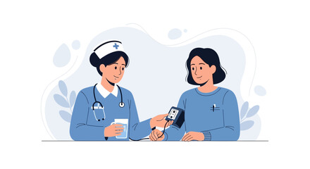 Fototapeta premium Nurse takes patient's blood pressure using digital monitor, vector illustration with modern flat design style.