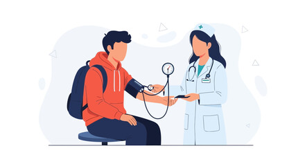 Fototapeta premium Nurse taking blood pressure of a young man with a backpack, vector illustration