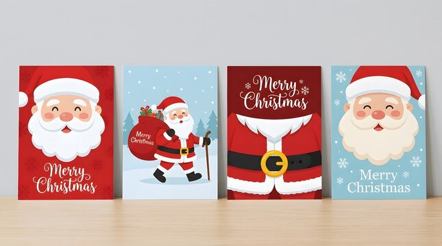 Four colorful Christmas greeting cards featuring cute Santa Claus illustrations displayed neatly in a row on a light wooden surface