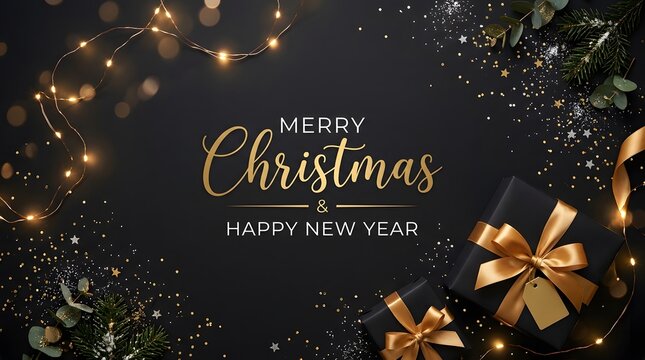 Elegant black gift boxes with gold ribbons resting on a dark background featuring festive glowing fairy lights and sparkles
