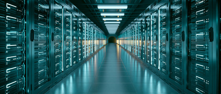 Modern Server Room: Data Center with Advanced IT Equipment and Virtualization Technology