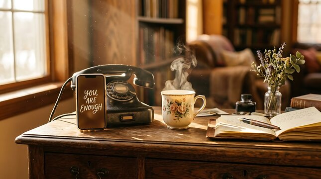 Cozy Home Office with Steaming Coffee and Inspirational Phone Display.