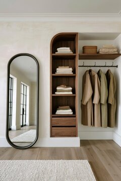 Modern heritage walk-in wardrobe featuring a full-length mirror, neatly arranged shelves with towels, and hanging garments in a stylish interior setting
