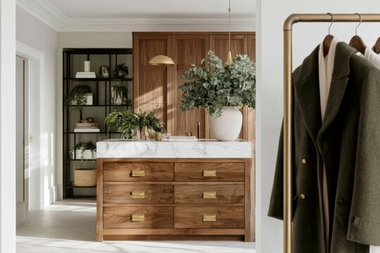 Modern interior design featuring a wooden dresser with brass handles, marble top, and a stylish coat rack with garments in a bright, contemporary living space