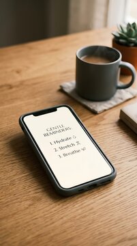 Smartphone with Quiz App and Coffee Mug on Wooden Table.