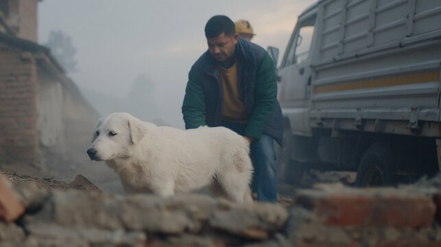 Aerial perspective of a dedicated rescue team providing aid to an injured goat in a countryside setting