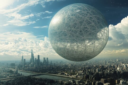 Giant geometric sphere floats above a sprawling urban landscape at dawn