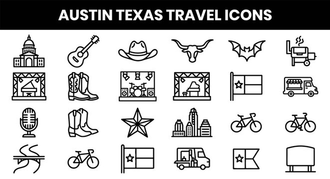 Austin texas travel icons set with state flag and city landmarks