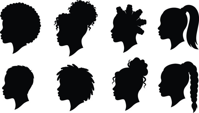 Vector illustration collection features the silhouette profiles of beautiful African American women showcasing natural curly afro hair, braids, and dreadlocks styles.