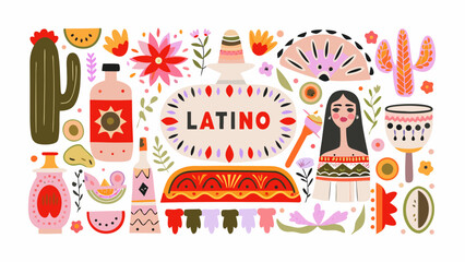 Latino culture themed floral ornament with cactus food and portrait in vector style succulent flower © Sujit