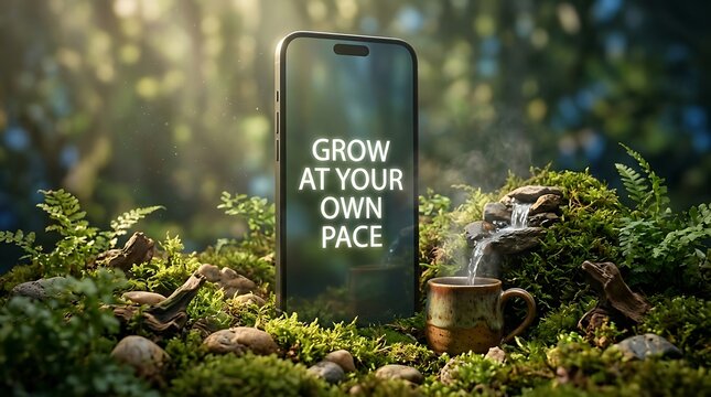 Smartphone with Grow at Your Own Pace in a Lush Forest Setting.