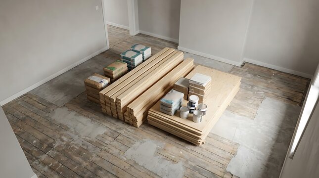 Fixer upper house interior renovation project featuring stacks of wooden lumber, plywood boards, bags of cement and paint cans on an unfinished floor.