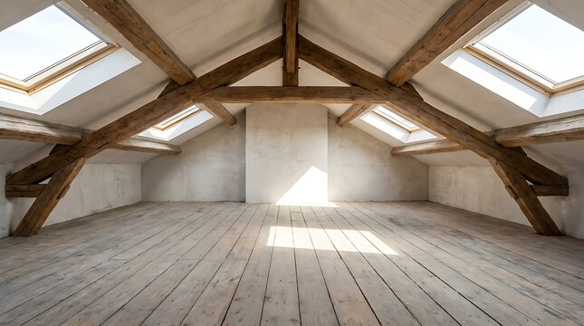 A vacant rustic attic in a fixer upper house with exposed timber roof beams and wooden flooring bathed in natural light from multiple skylight windows