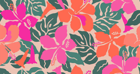 Fototapeta na wymiar Hand drawn tropical flowers print, seamless summer floral pattern for fabric, textiles, clothing, packaging, cover, banner, home decor, hawaiian backgrounds. Vector illustration.