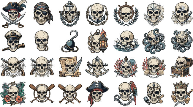 Pirate Skull Logo Collection with Nautical Symbols, Ocean Adventure Emblems, Sea Monster Icons, Treasure Elements, and Vintage Vector Illustration Set